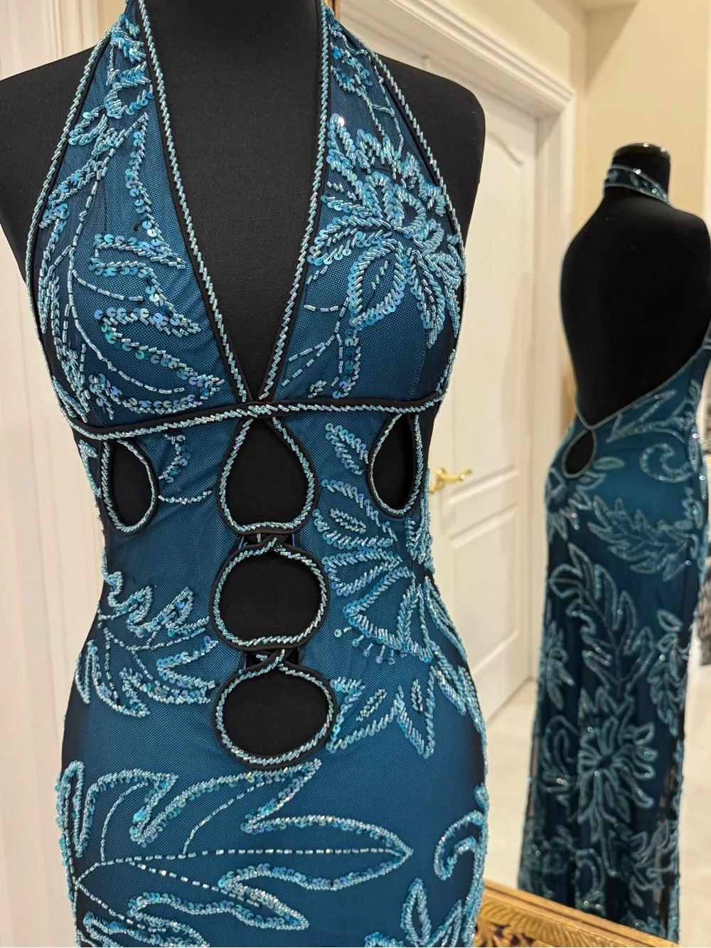 Elegant blue lining‎ w/black net overlay hand beaded Halter Evening Gown stretch